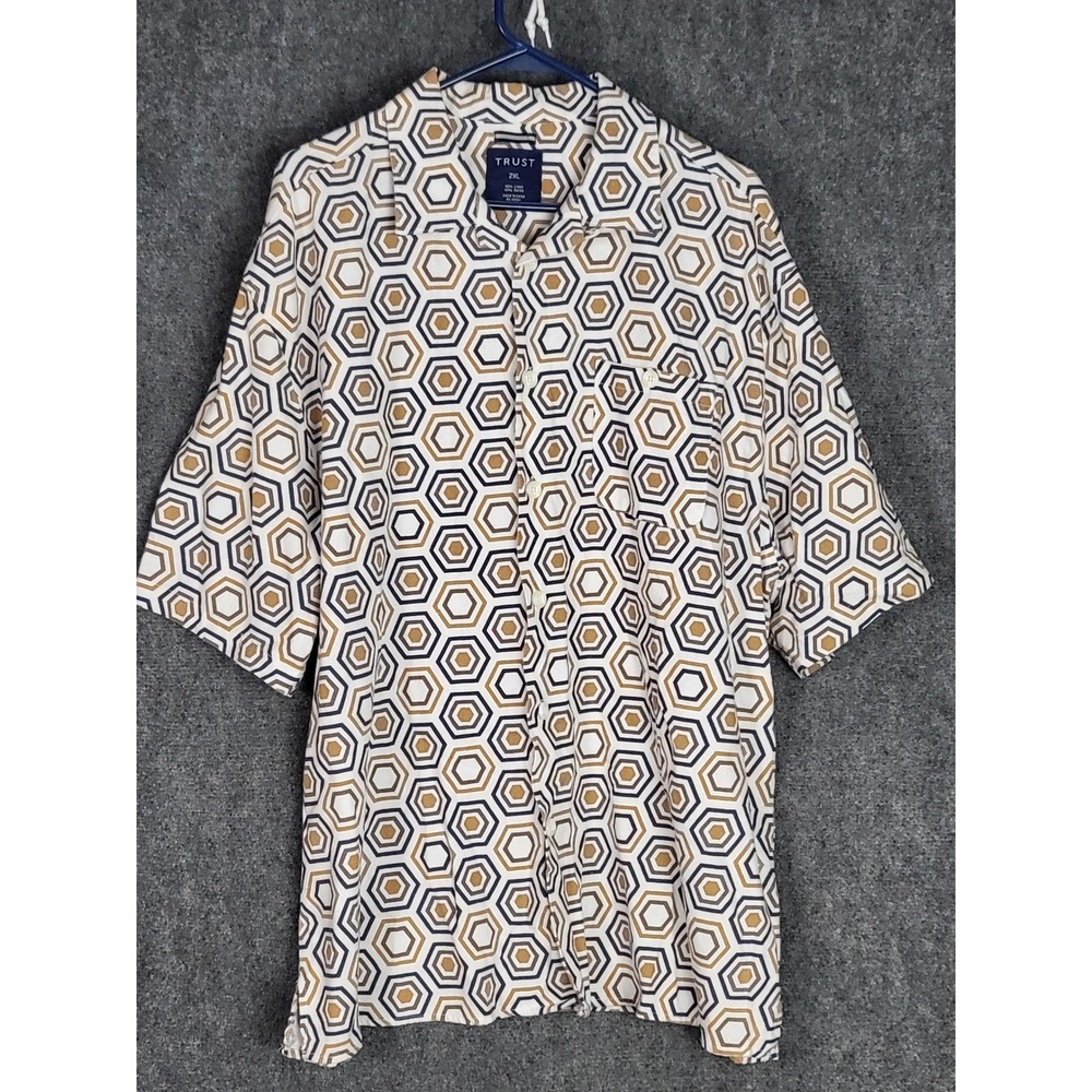 Trust Linen Rayon Camp Shirt Mens 2XL Brown Blue‎ Geometric Mod Retro Button Up